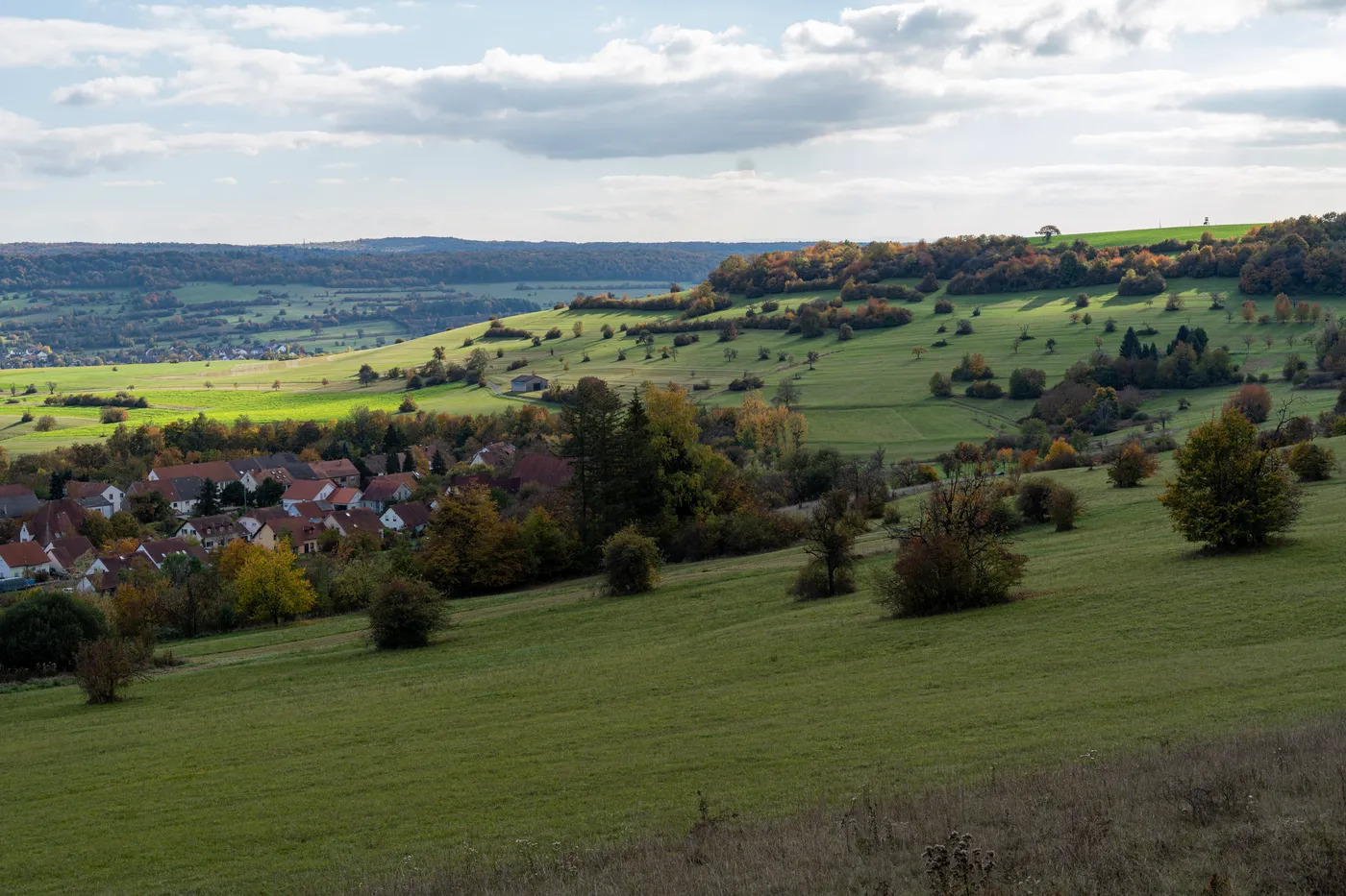 Orchard meadows and a village of red roofs in the rolling hills of the Bliesgau.