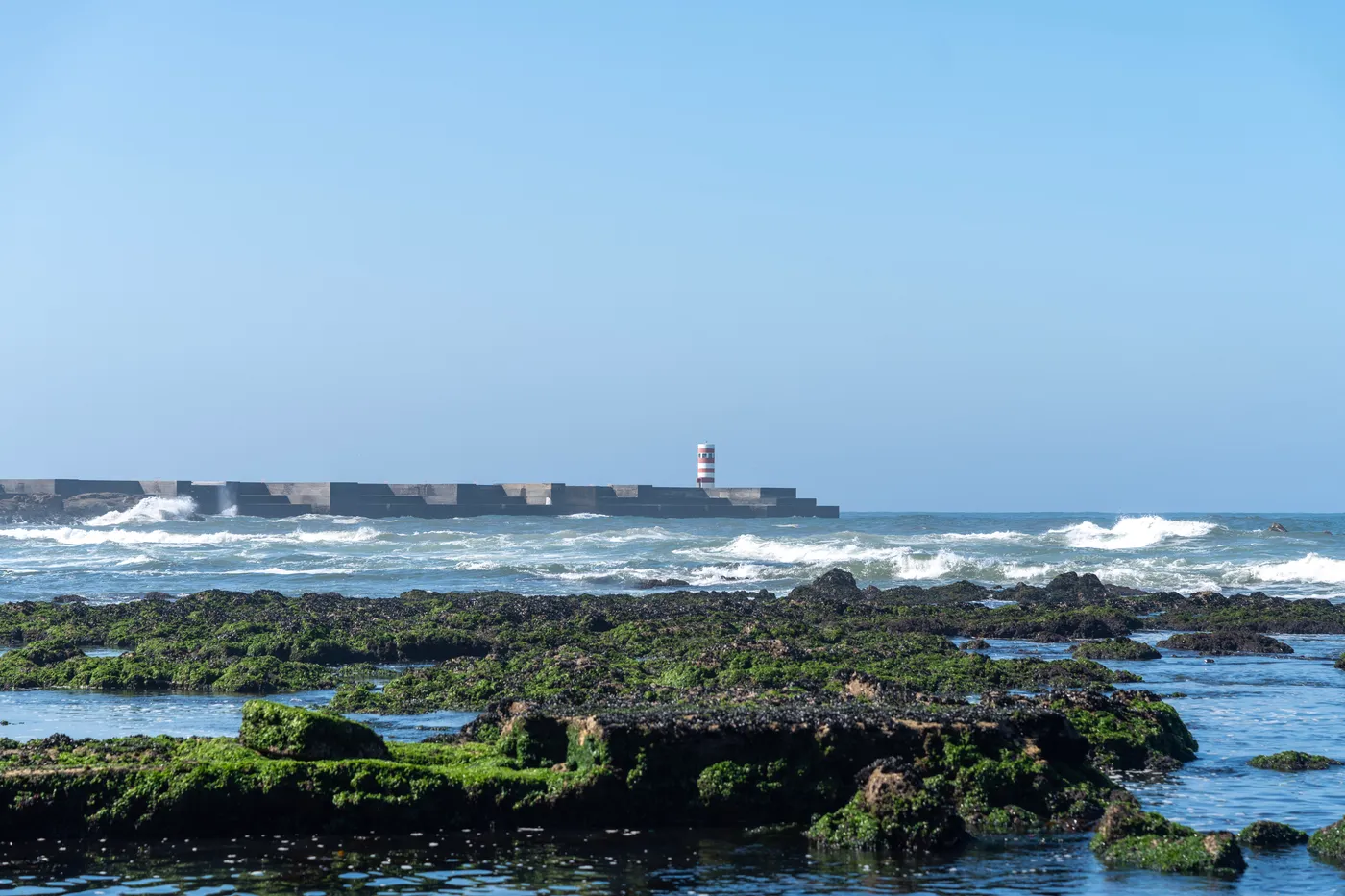 Low tide at Foz, the striped Felgueiras lighthouse on the breakwater.