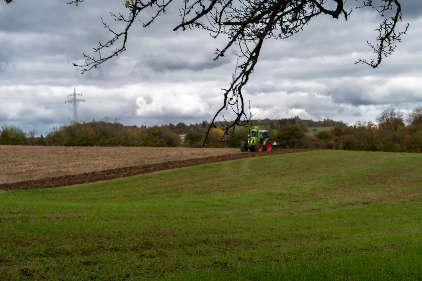 A tractor turning the last field under a bare tree, clouds coming in.