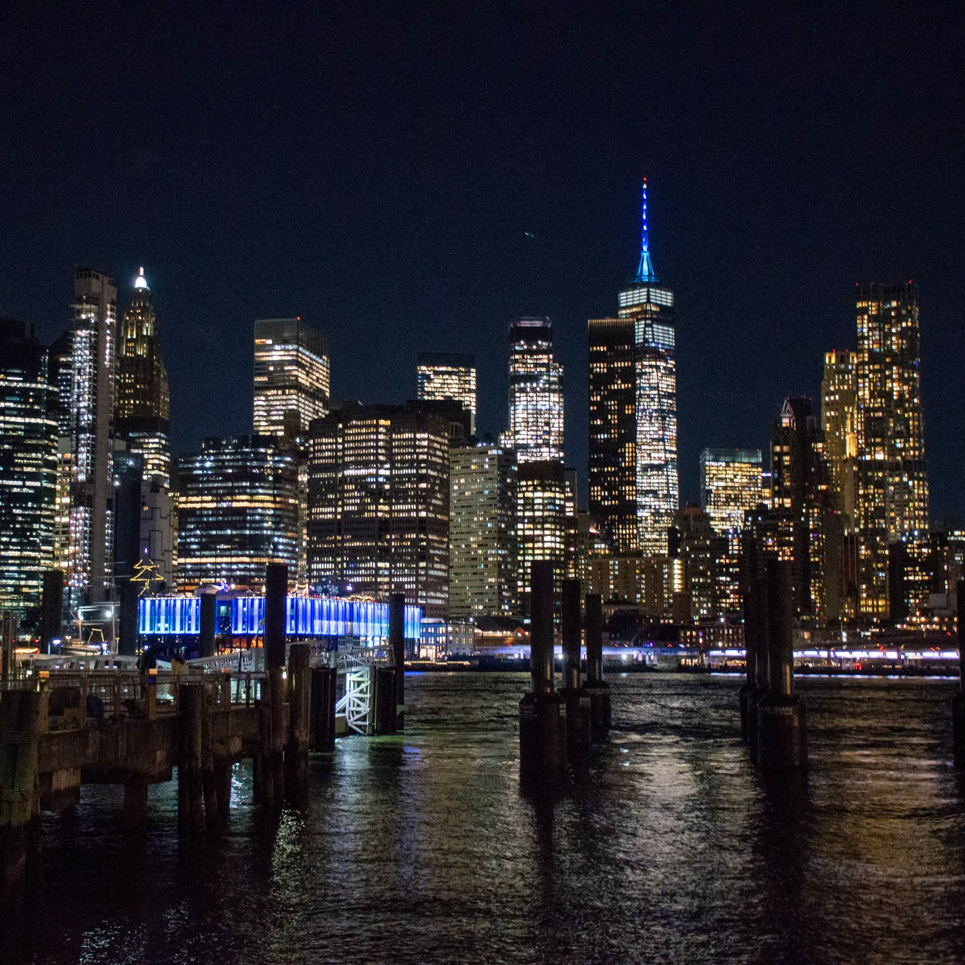 Lower Manhattan from the Brooklyn side, One World Trade lit blue for the night.