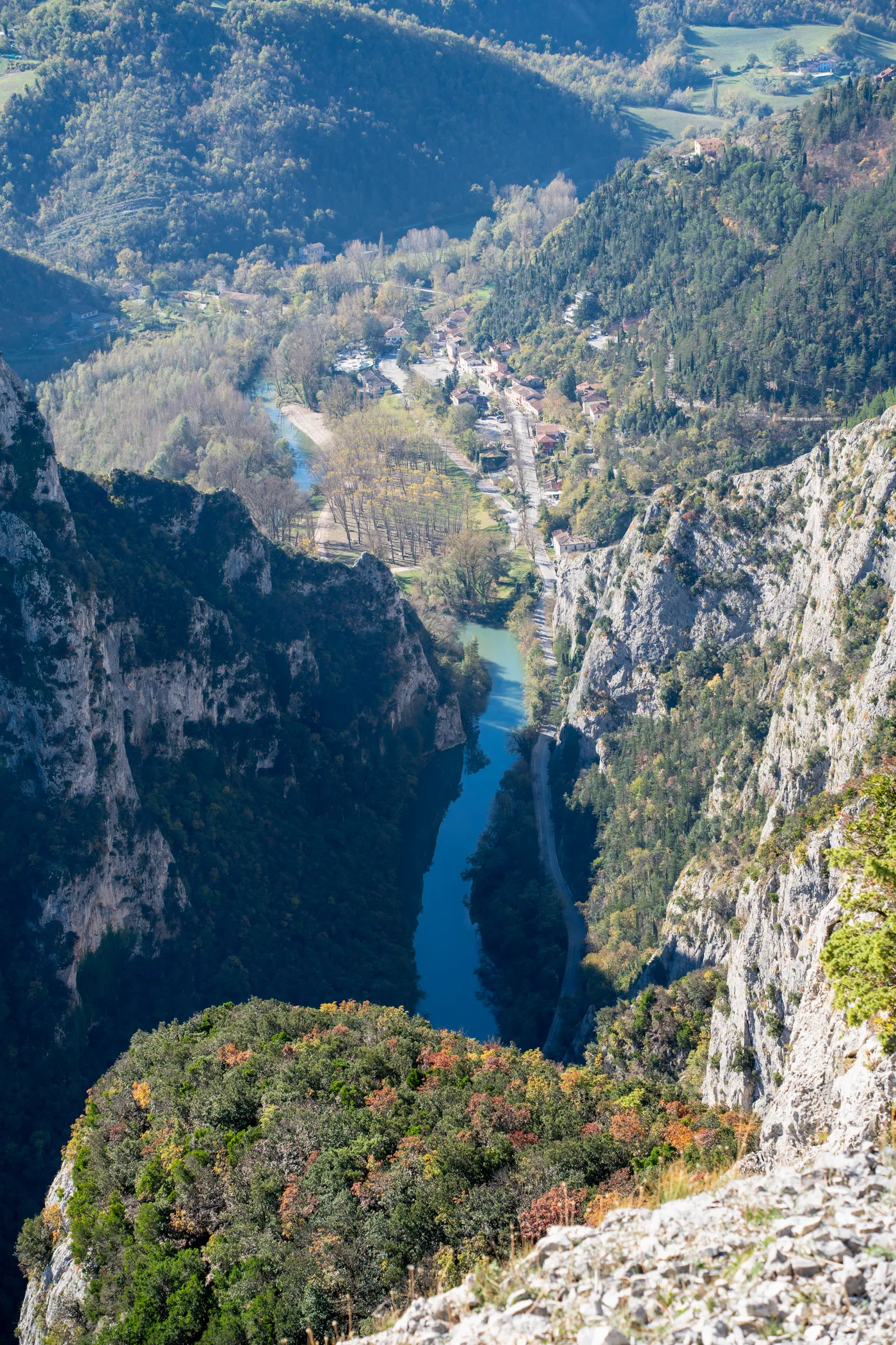 The gorge from the top, the river and the village of Furlo far below.