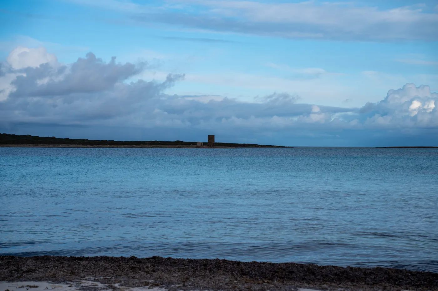 A tower on a low shore across still water.