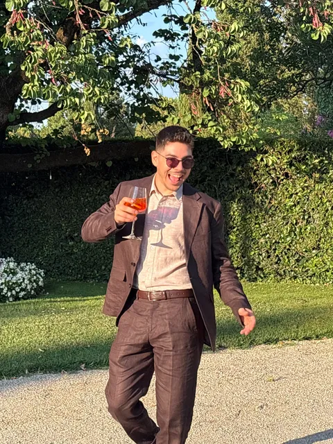 Wedding season. Brown linen, orange spritz, yellow dress 🥂💛